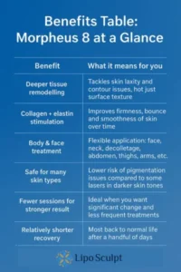 How Often Can I have Morpheus 8? 3 Table showing the benefits of Morpheus 8 treatment from Lipo Sculpt Edinburgh